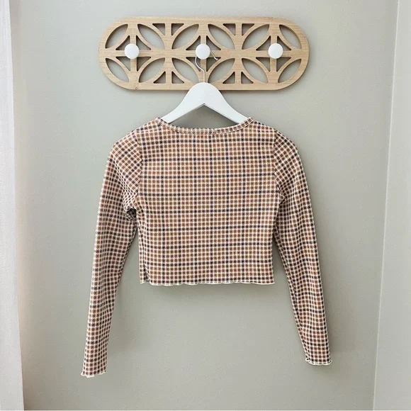 Altar'd State Button Up Crop Long Sleeve Top Brown/Cream Sz Small - Picture 5 of 10